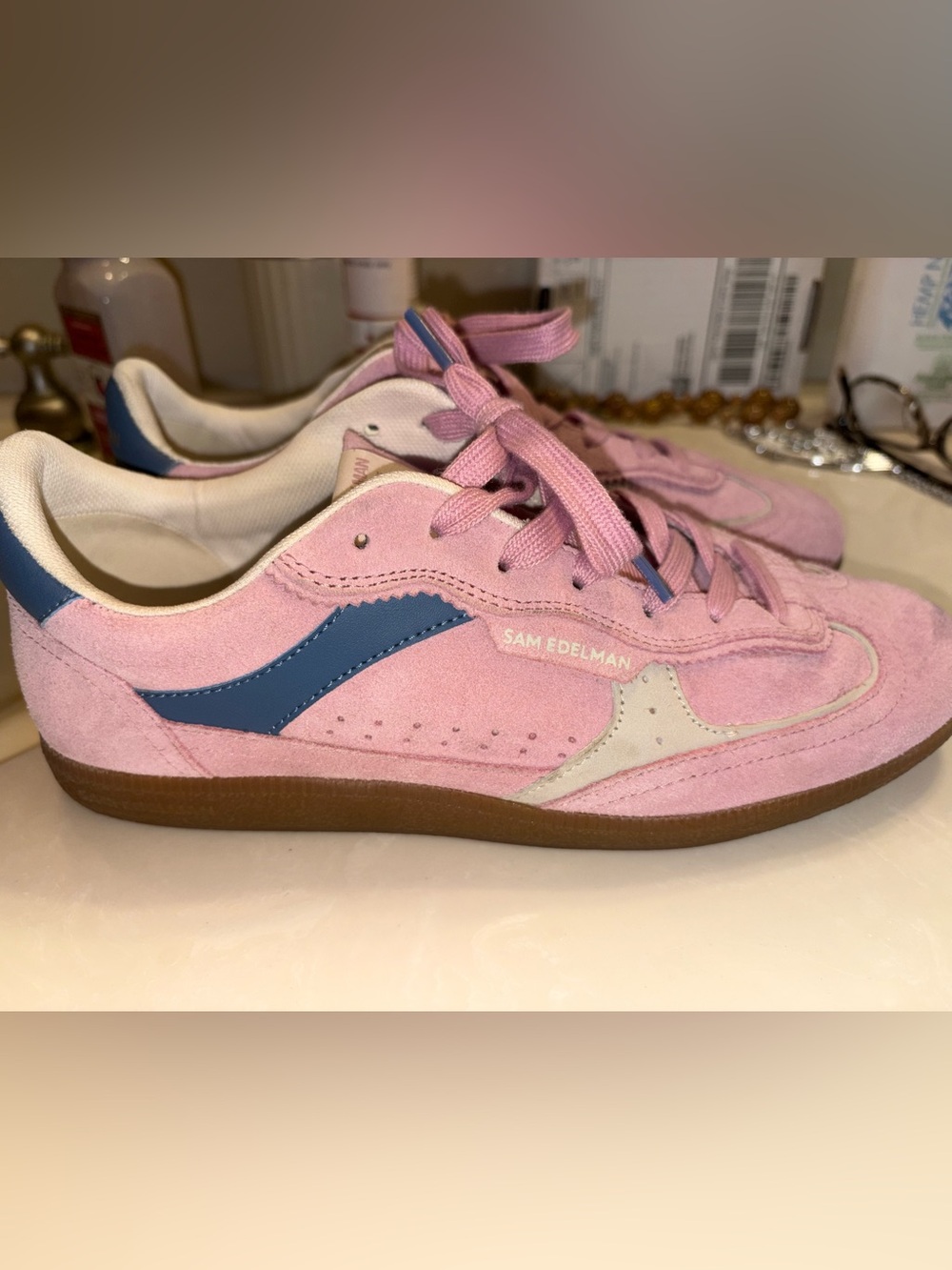 Sam Edelman Pink Suede Sneakers with Blue Stripe